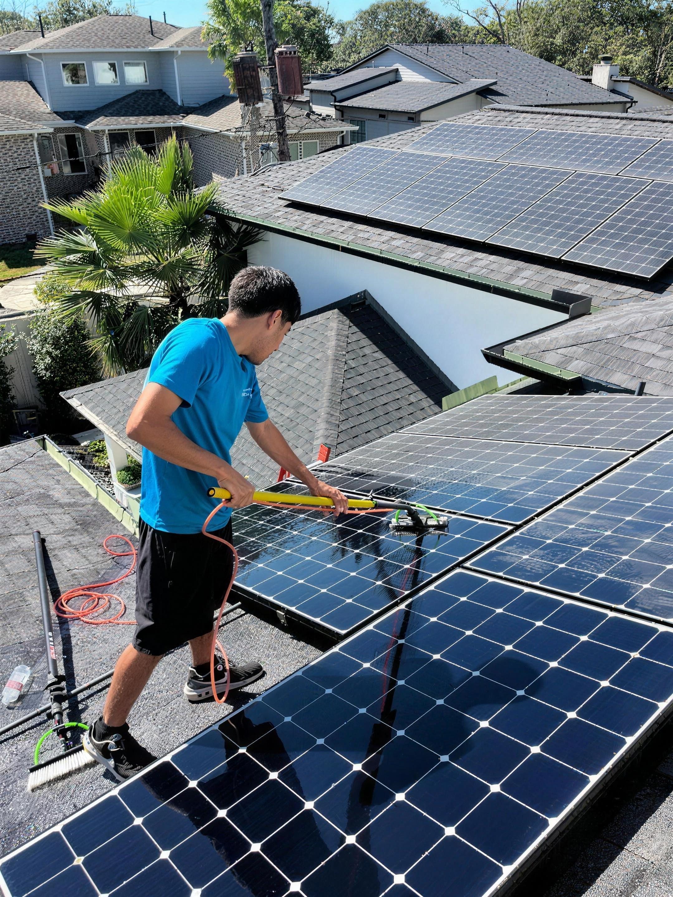 Gleam Clean cleaning rooftop solar panels in Houston